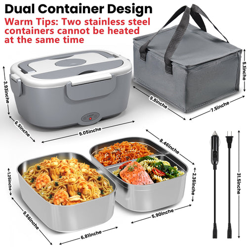 Electric Lunch Box Food Heater for Work - 12V/24V/110-220V Food Warmer for Car Truck Outdoor with 2 Packs Stainless Steel Containers Potable Heating Lunch Box for Adults Camping(Grey)